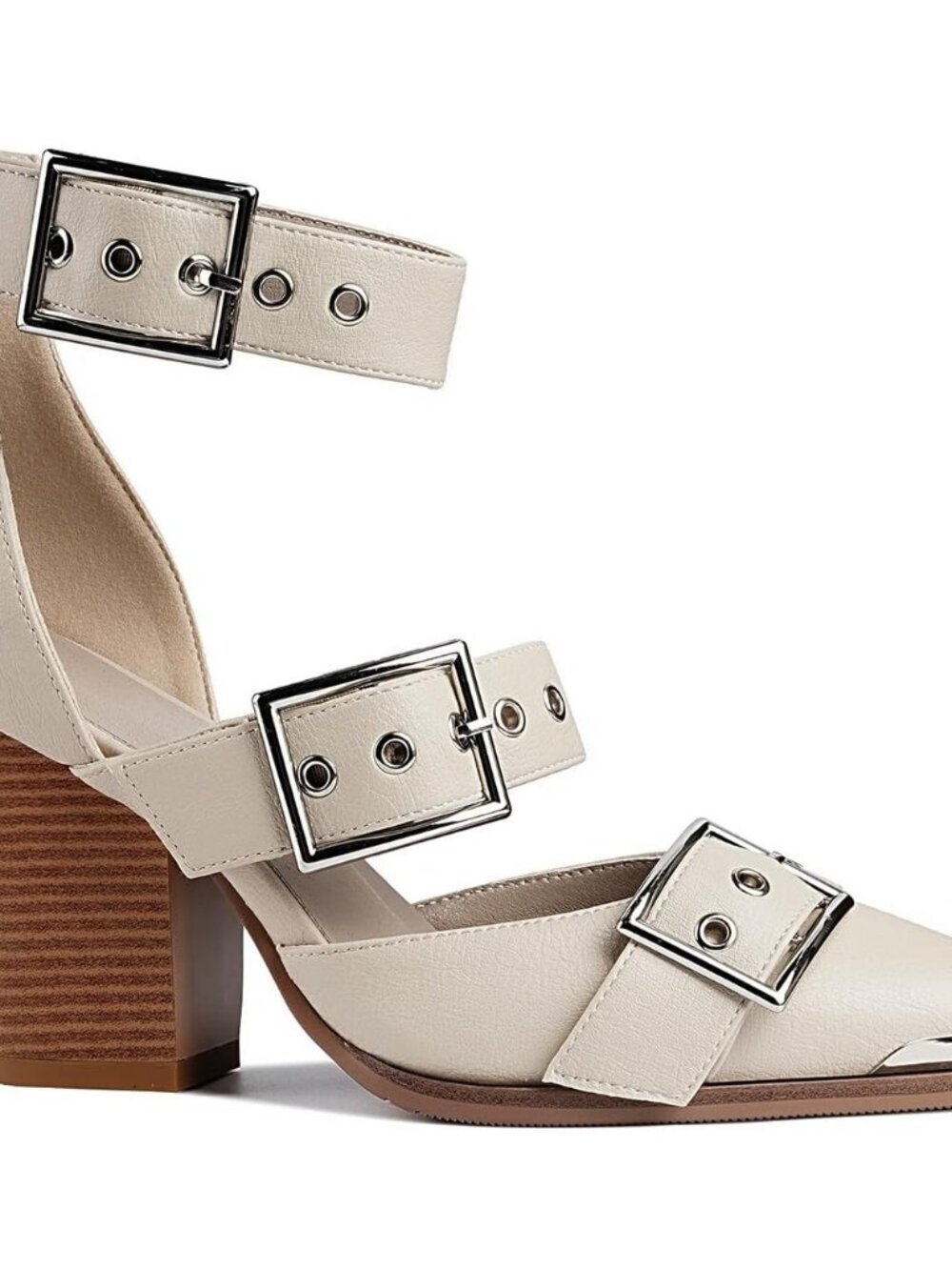 Women's Beige Western Sandals Chunky Wedge Heels Pointed Pumps Ankle Shoes